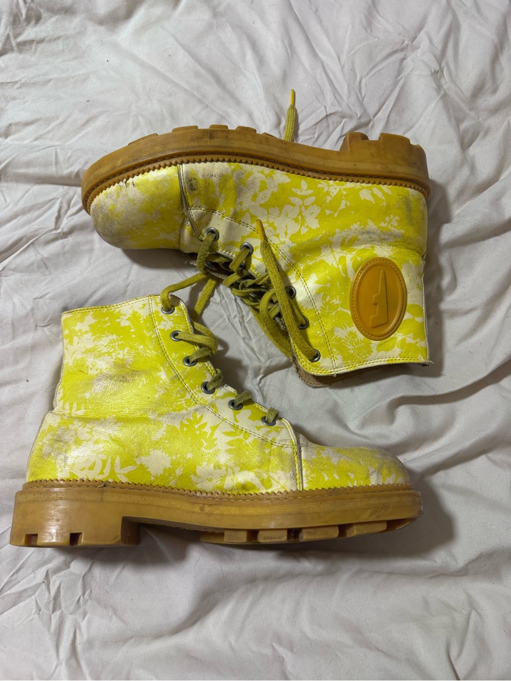Fluevog Yellow Floral Lace-Up Women’s Boots